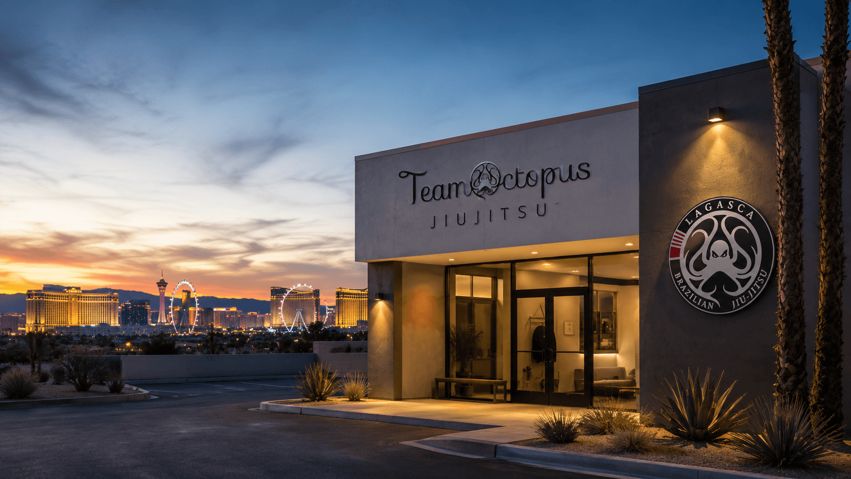 Team Octopus Jiu-Jitsu storefront with the Las Vegas Strip skyline at dusk