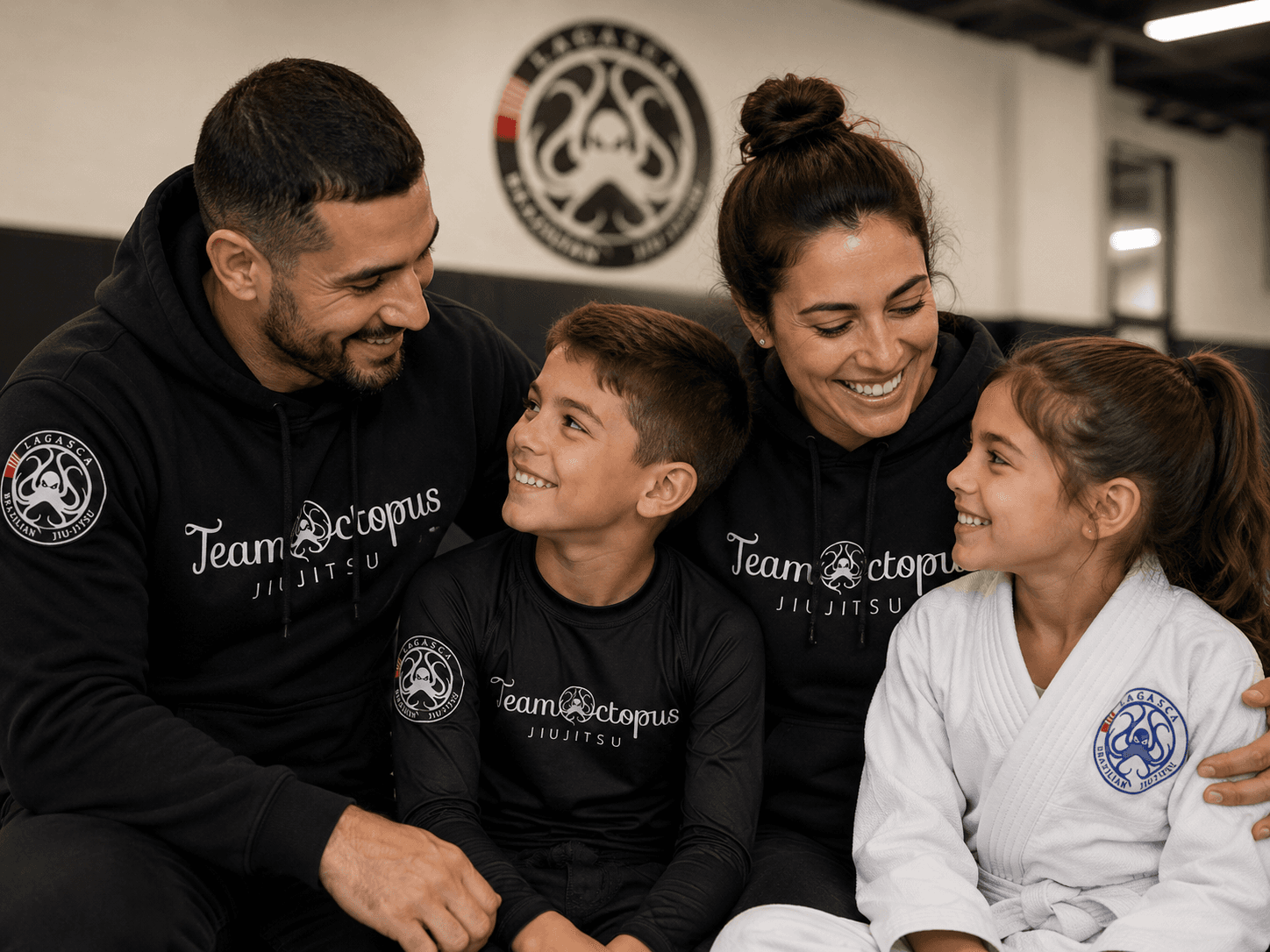 Family and kids wearing Team Octopus gear
